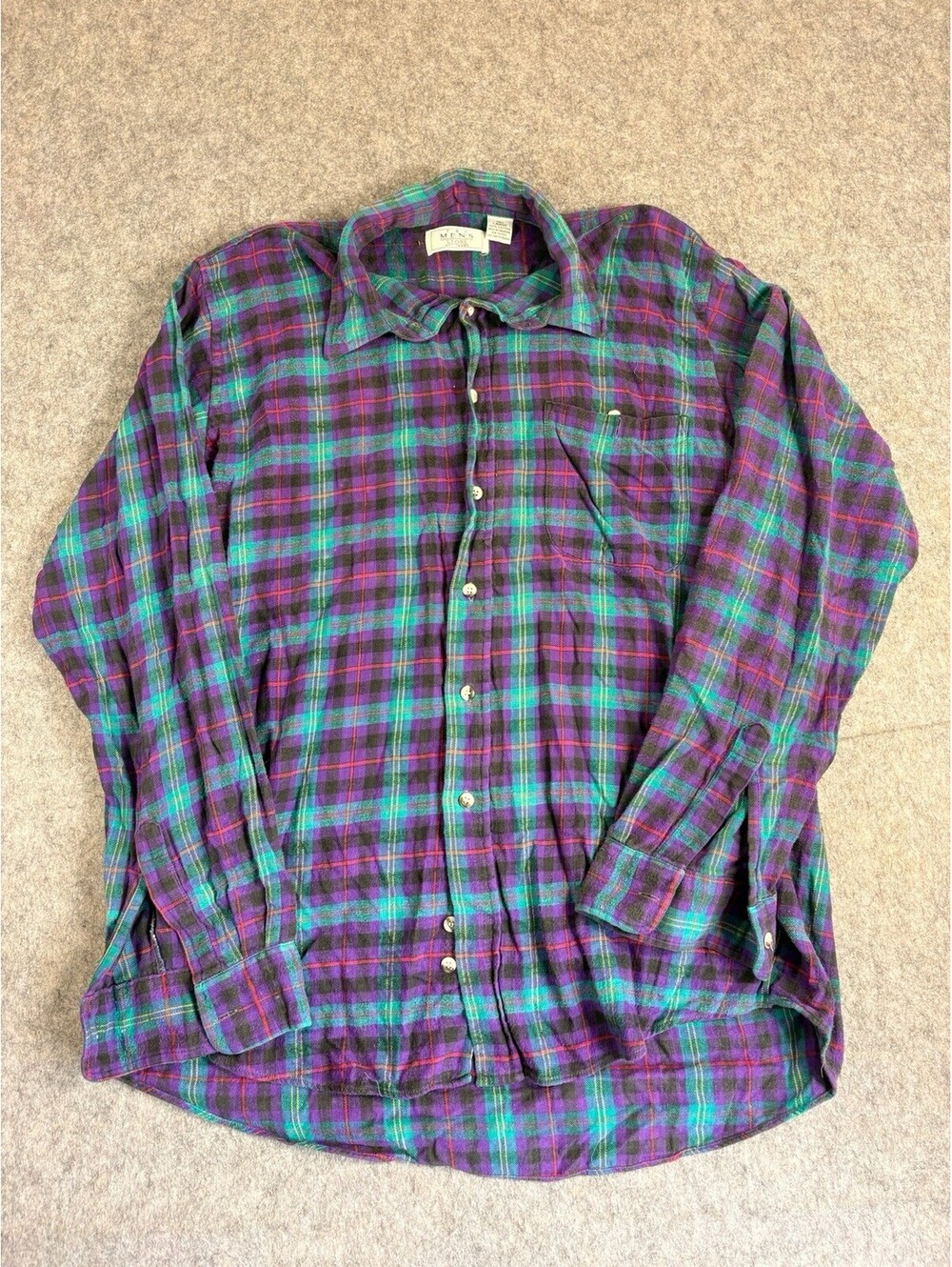 Vintage Sears Mens Store Plaid Flannel Button Shirt Men Tall Large Green Blue